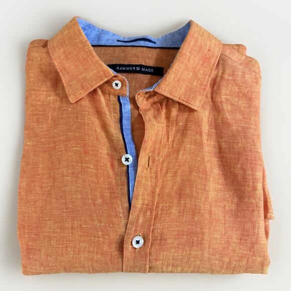 Hammer Made Size M (39 / 15.5) 100% Linen Shirt Orange Chambray Blue Flip Cuff - Picture 5 of 5